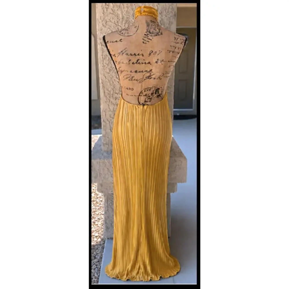 Lulus Gwenny Golden Yellow Satin Plisse Maxi Dress Size L NEW